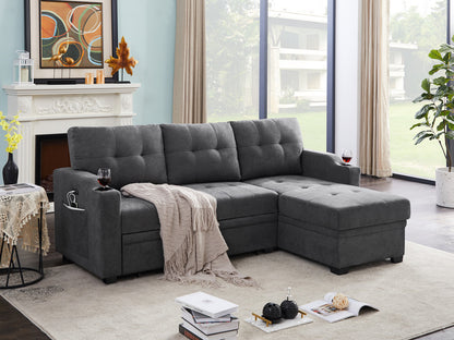 Anisa Dark Gray Woven Fabric Sleeper Sectional with cupholder, USB charging port and pocket