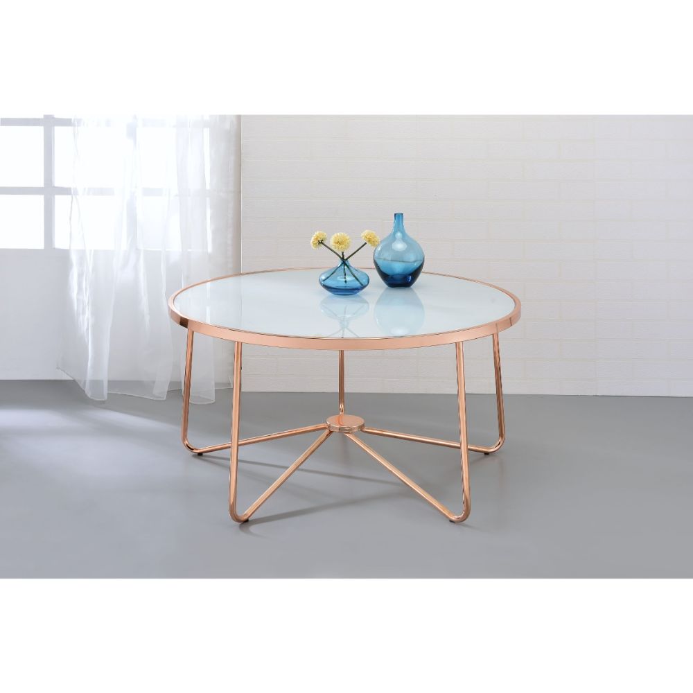 helena coffee table, frosted glass & rose gold finish