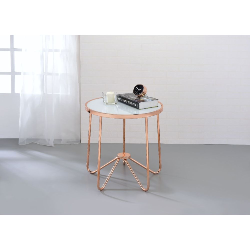 helena end table, frosted glass & rose gold finish