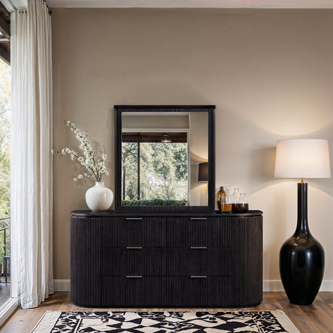 Linden 39.5" Black Solid Wood And Oak Veneer Frame Mirror, 1 Piece