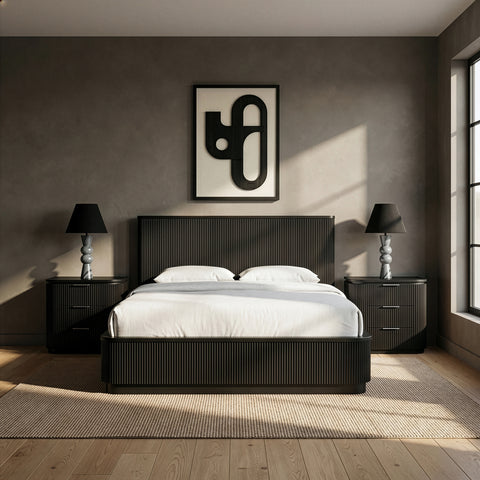 Linden Black Solid Wood And Oak Veneer Queen Bed, 1 Piece