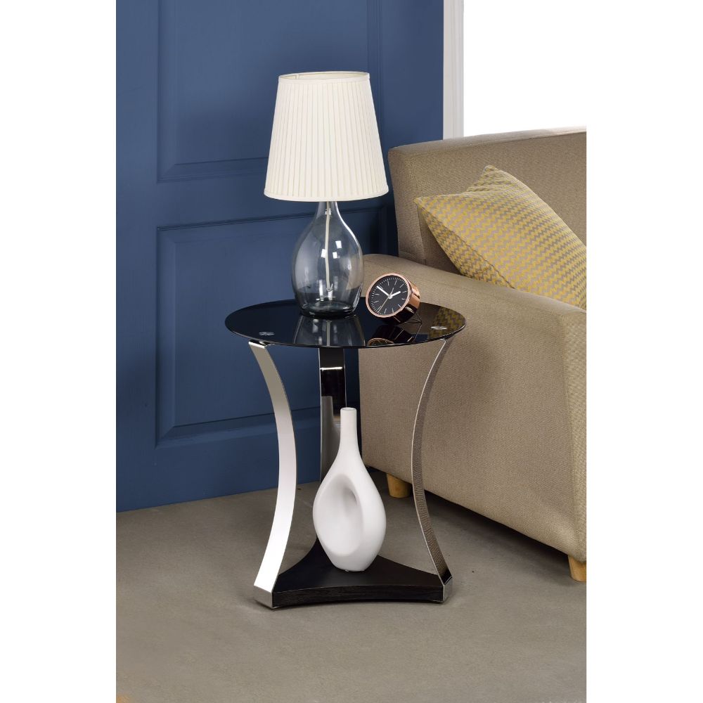 hercules end table, black glass & chrome finish