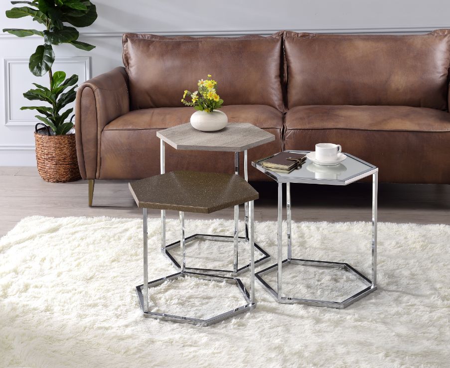 hestia nesting table set, clear glass, taupe, gray washed & chrome finish