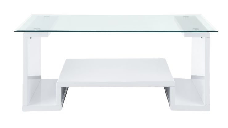 hollo coffee table, clear glass top & white high gloss finish