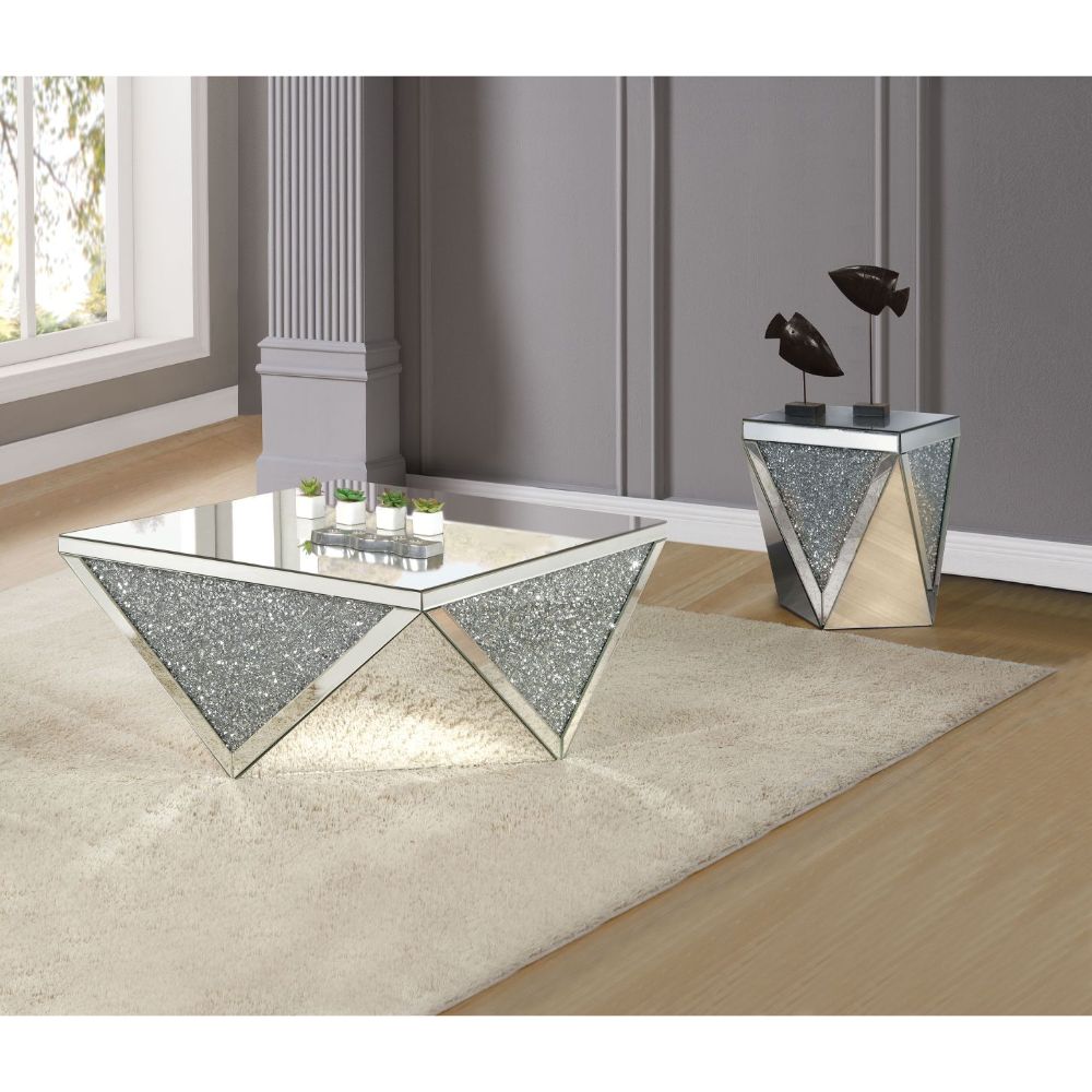 calan coffee table, mirrored & faux diamonds