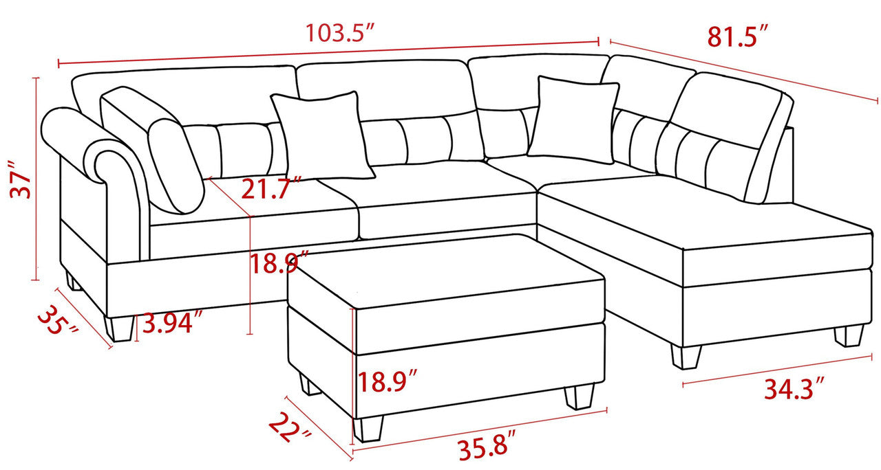 cody black fabric sectional sofa with right facing chaise, storage ottoman, and 2 accent pillows