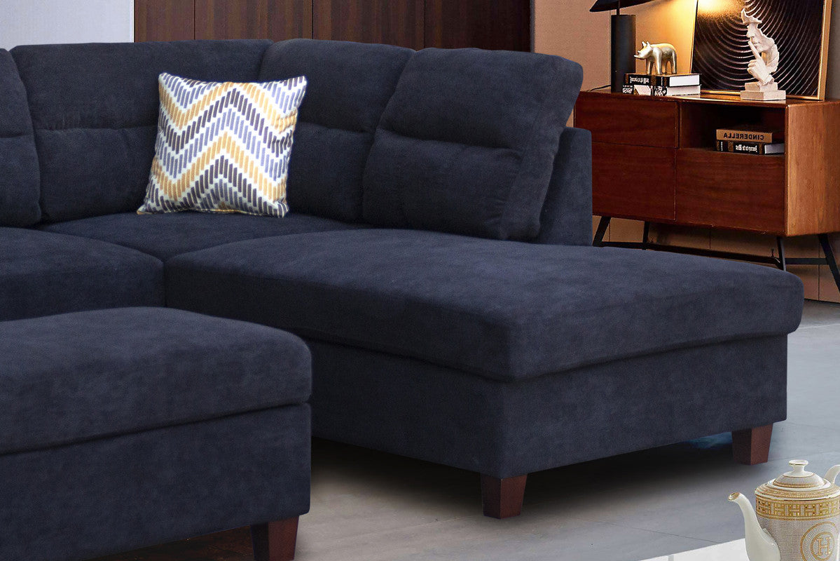 cody black fabric sectional sofa with right facing chaise, storage ottoman, and 2 accent pillows