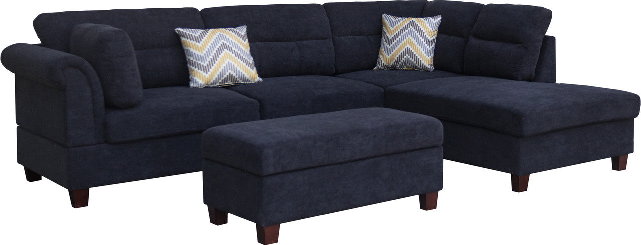 cody black fabric sectional sofa with right facing chaise, storage ottoman, and 2 accent pillows