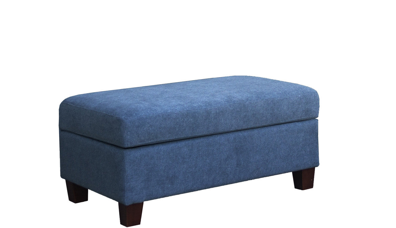 diego blue fabric sectional sofa with right facing chaise, storage ottoman, and 2 accent pillows