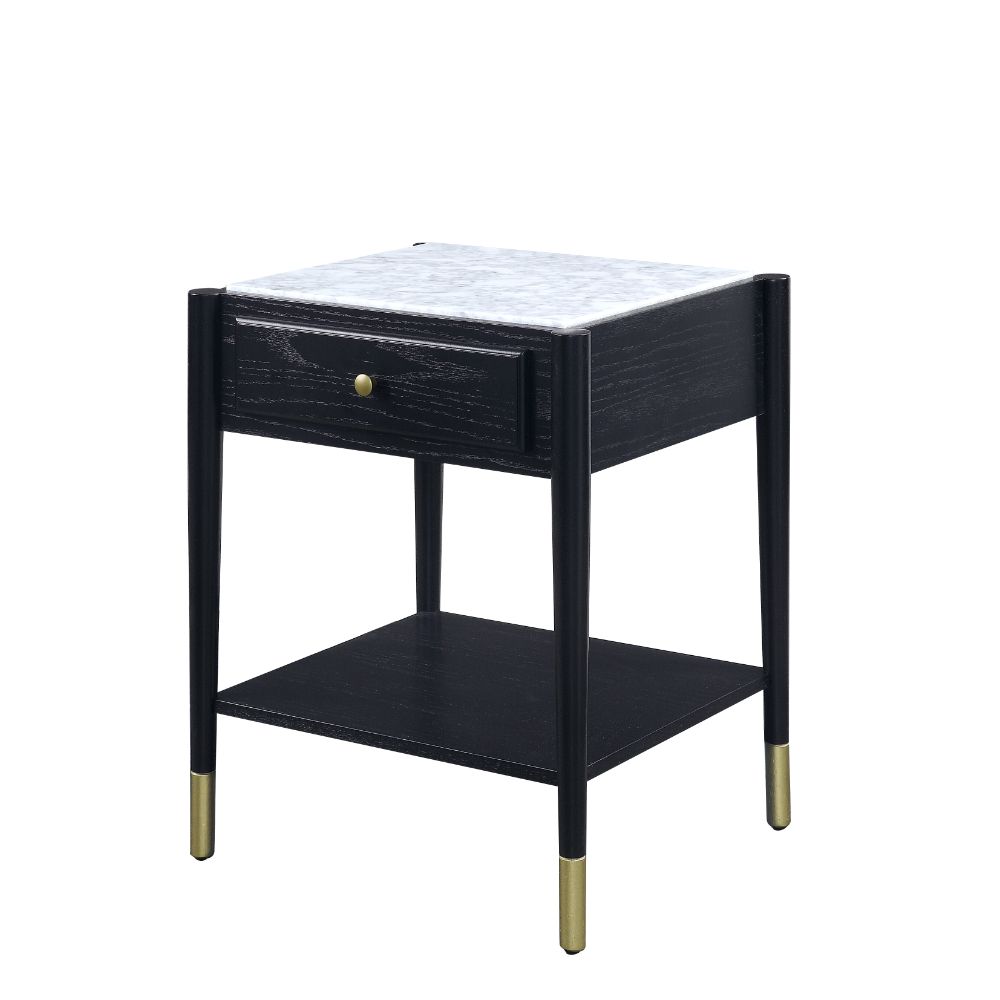 irina end table, marble top & black finish