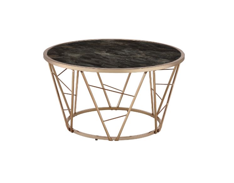 irma coffee table, faux black marble glass top & champagne finish