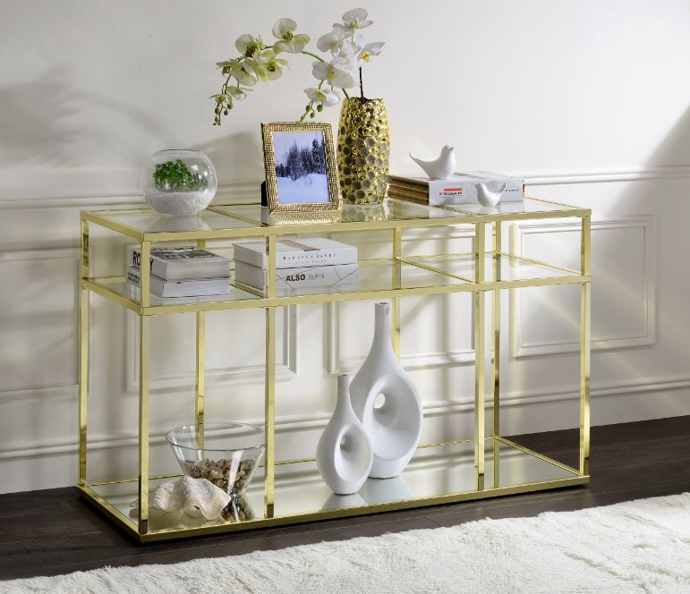 ishiko uchenna sofa table, clear glass & gold finish