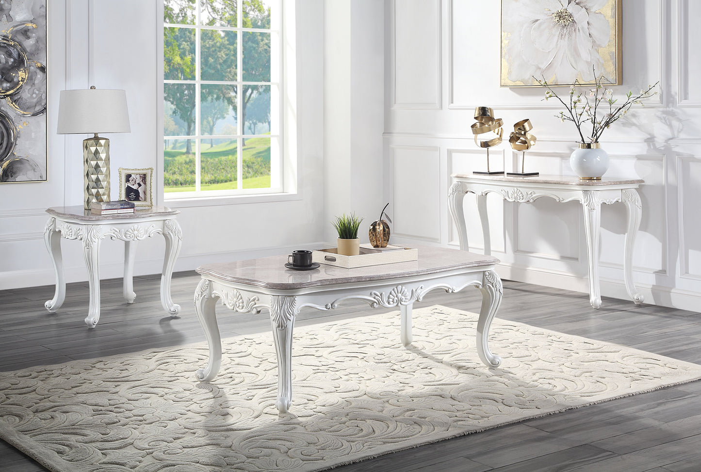 corra end table, marble top & white finish