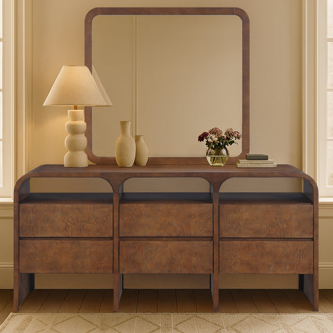 Lennox 42" Brown Ash Burl Veneer And Solid Wood Frame Mirror, 1 Piece