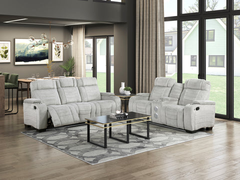 Auburn Double Reclining Sofa with Center Drop-Down Cup Holders, Storage Arms, Cup Holders, Reading Lights, Magazine Bag, Receptacles, Charging Ports and LED