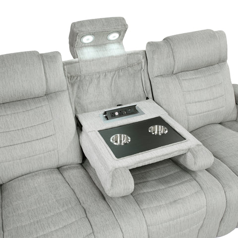 Auburn Double Reclining Sofa with Center Drop-Down Cup Holders, Storage Arms, Cup Holders, Reading Lights, Magazine Bag, Receptacles, Charging Ports and LED