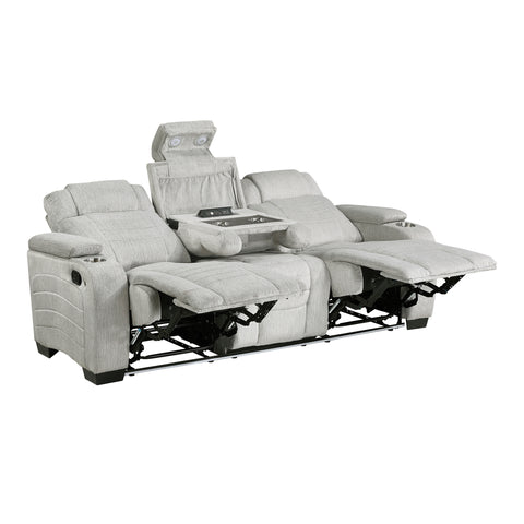 Auburn Double Reclining Sofa with Center Drop-Down Cup Holders, Storage Arms, Cup Holders, Reading Lights, Magazine Bag, Receptacles, Charging Ports and LED