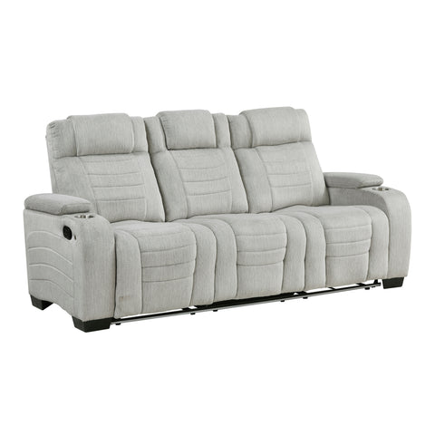Auburn Double Reclining Sofa with Center Drop-Down Cup Holders, Storage Arms, Cup Holders, Reading Lights, Magazine Bag, Receptacles, Charging Ports and LED
