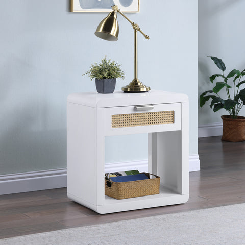 Florence 24" White Poplar Wood And Natural Cane Nightstand, 1 Piece