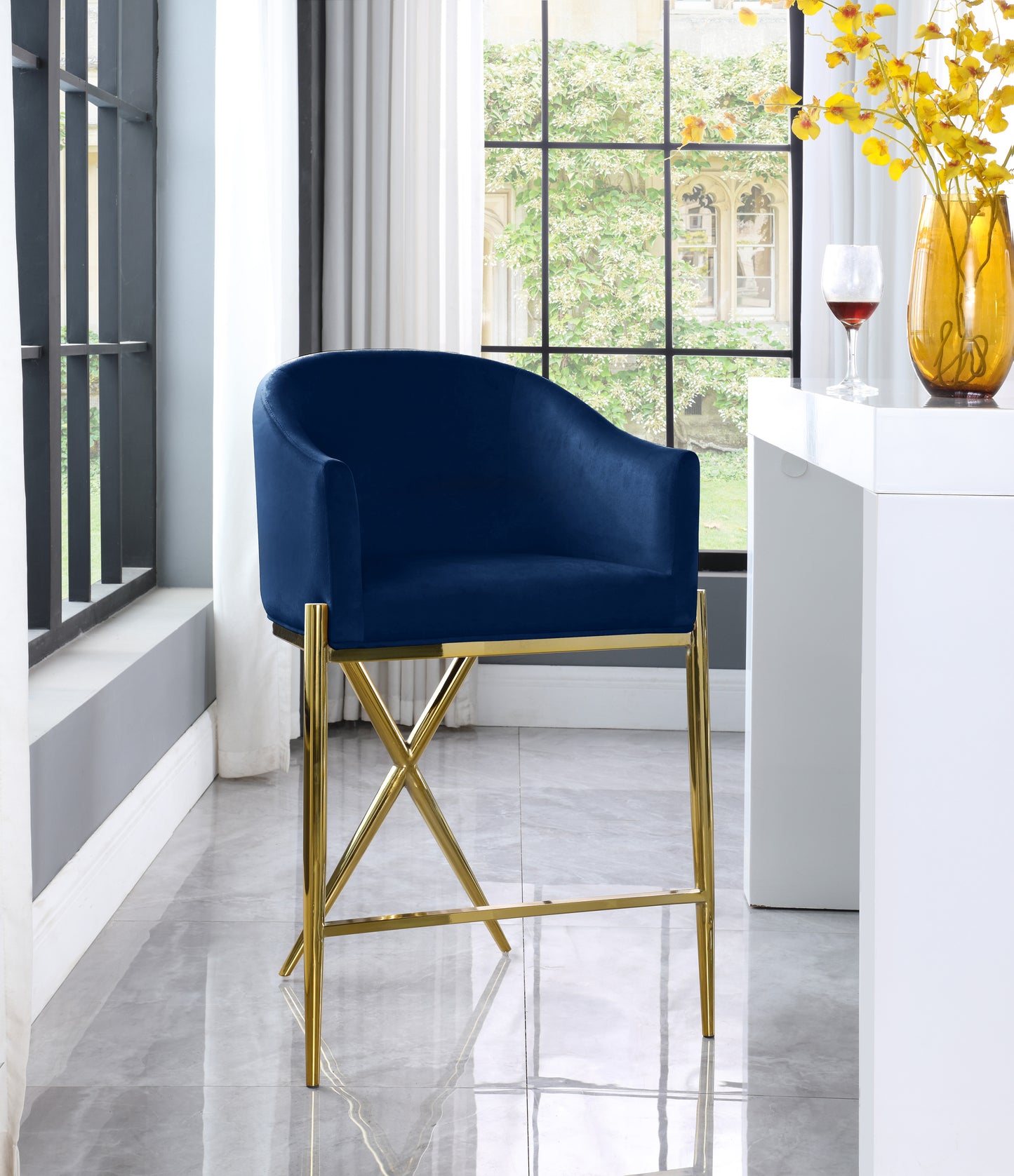 cocoon navy velvet counter stool c