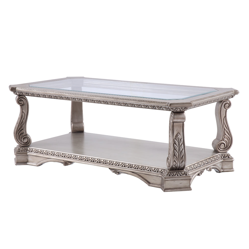 astonic coffee table, clear glass & antique silver finish