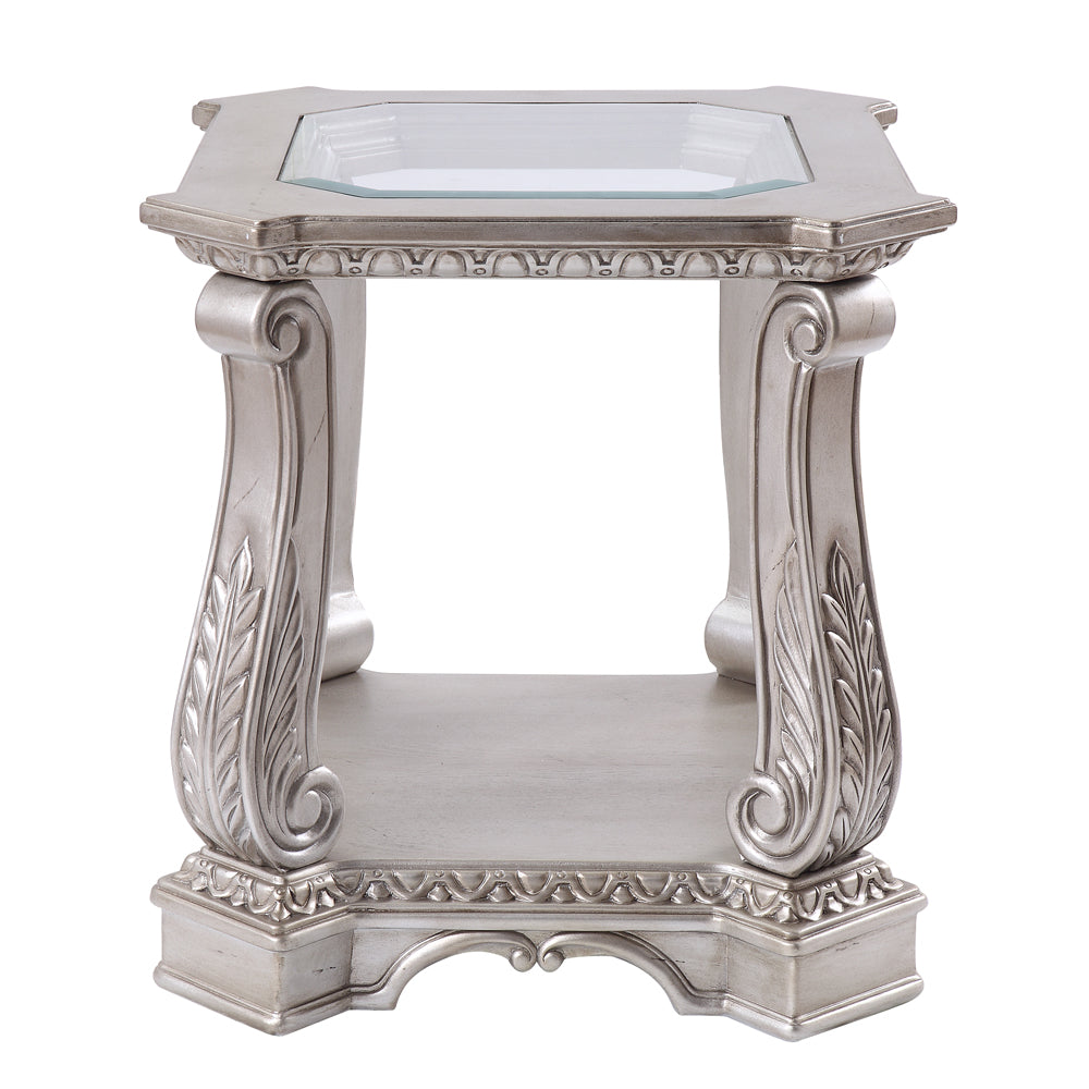 astonic end table, clear glass & antique silver finish