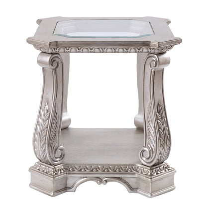 Astonic End Table, Clear Glass & Antique Silver Finish
