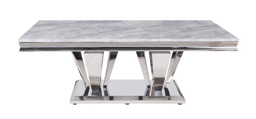 feit coffee table, light gray printed faux marble top & mirrored silver finish