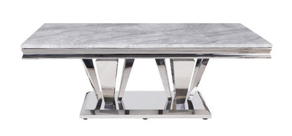 Feit Coffee Table, Light Gray Printed Faux Marble Top & Mirrored Silver Finish