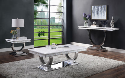 Farsiris End Table, White Printed Faux Marble Top & Mirrored Silver Finish