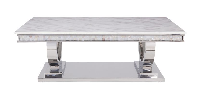 farsiris coffee table, white printed faux marble top & mirrored silver finish