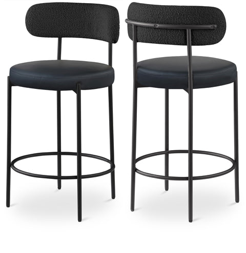 Nola Black Vegan Leather And Boucle Fabric Upholstered Counter Stool, 2-Piece