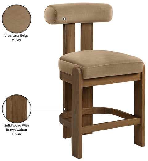 Noelle Beige Velvet Performance Fabric Upholstered Counter Stool, 2-Piece