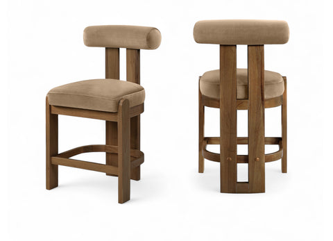 Noelle Beige Velvet Performance Fabric Upholstered Counter Stool, 2-Piece