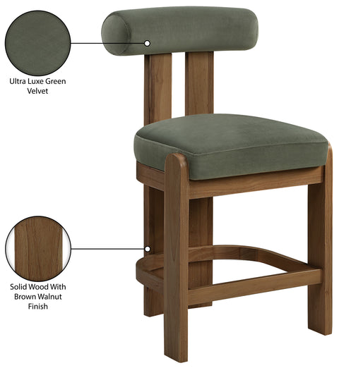 Noelle Green Velvet Performance Fabric Upholstered Counter Stool, 2-Piece