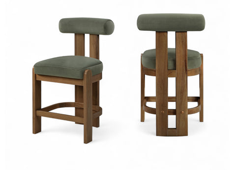 Noelle Green Velvet Performance Fabric Upholstered Counter Stool, 2-Piece
