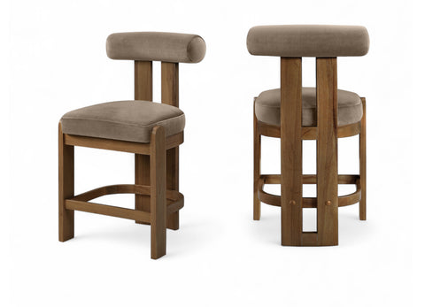 Noelle Taupe Velvet Performance Fabric Upholstered Counter Stool, 2-Piece
