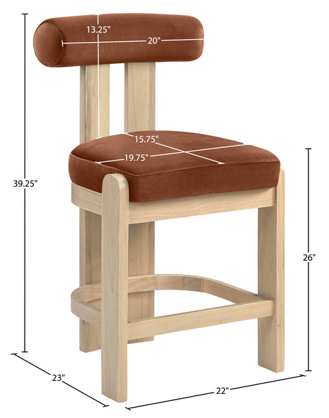 Noelle Cognac Velvet Performance Fabric Upholstered Counter Stool, 2-Piece