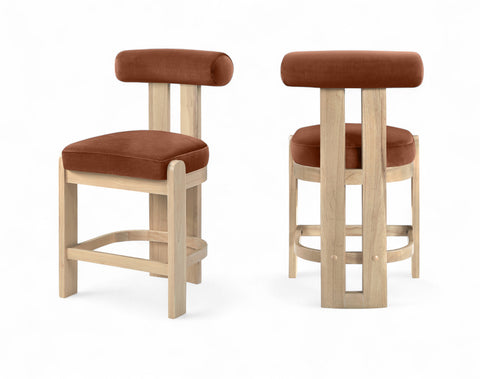 Noelle Cognac Velvet Performance Fabric Upholstered Counter Stool, 2-Piece