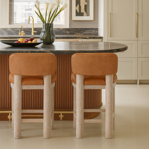 Olive Cognac Vegan Leather Upholstered Counter Stool, 2-Piece