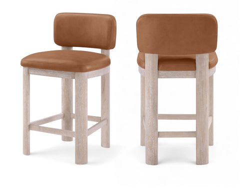 Olive Cognac Vegan Leather Upholstered Counter Stool, 2-Piece