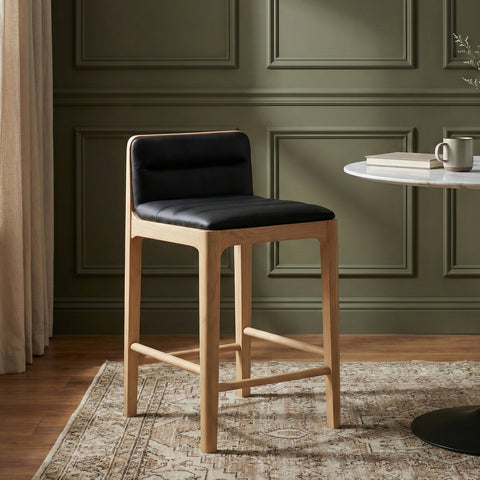 Linden Black Cane And Vegan Leather Upholstered Counter Stool, 2-Piece