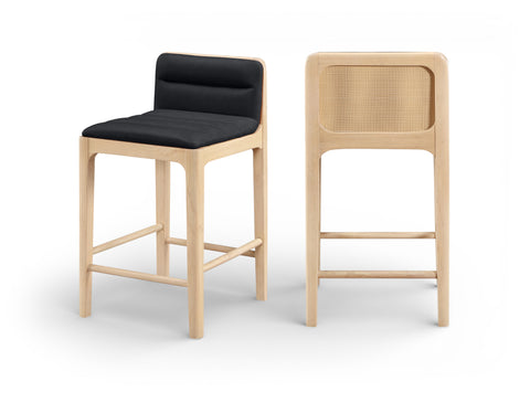 Linden Black Cane And Vegan Leather Upholstered Counter Stool, 2-Piece