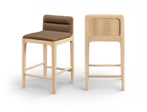 Linden Brown Cane And Vegan Leather Upholstered Counter Stool, 2-Piece