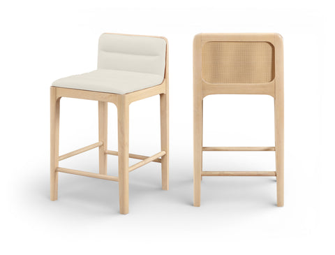 Linden Cream Cane And Vegan Leather Upholstered Counter Stool, 2-Piece