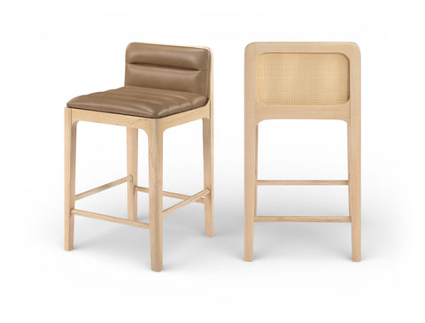 Linden Tan Cane And Vegan Leather Upholstered Counter Stool, 2-Piece