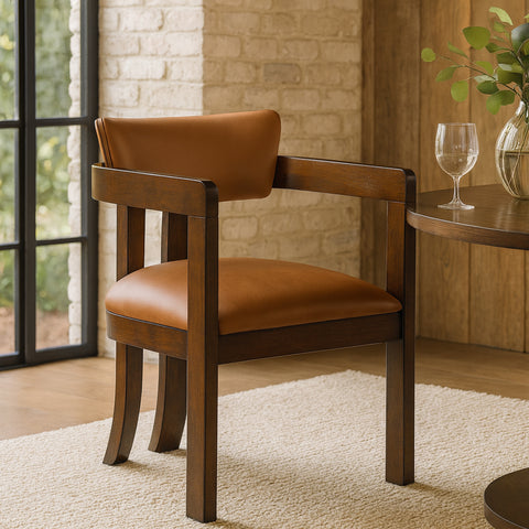 Laurel Cognac Vegan Leather Upholstered Dining Arm Chair, 2-Piece