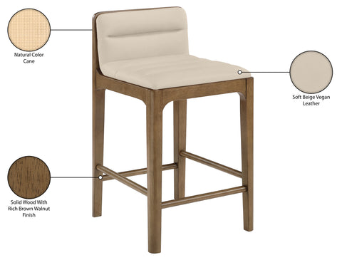 Linden Beige Cane And Vegan Leather Upholstered Counter Stool, 2-Piece