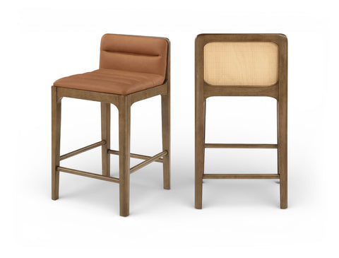 Linden Cognac Cane And Vegan Leather Upholstered Counter Stool, 2-Piece (Style 2)