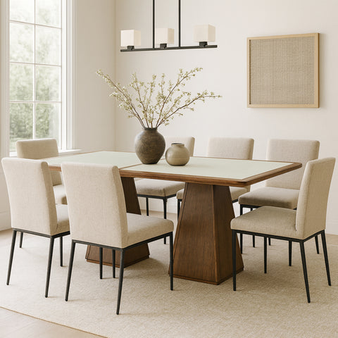 Harlow 78" Brown Glass And Cane Top With Solid Wood Base Dining Table, 1 Piece